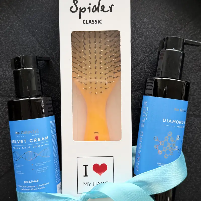 velvet cream amino, diamond elixir жожоба, щітка spider 1502, незмивний крем кондиціонер,